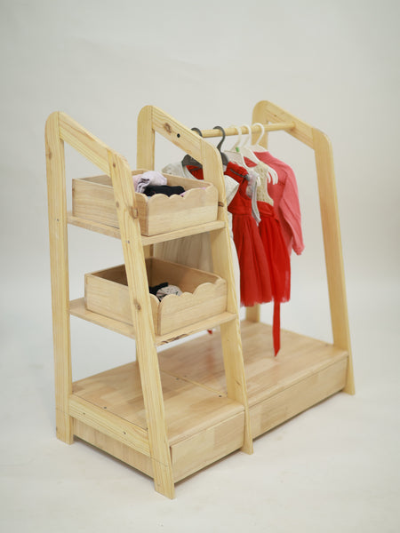 Montessori Wooden Kids Wardrobe | Child-Sized Open Closet & Dress-Up Storage | Toddler Clothing Rack Organizer