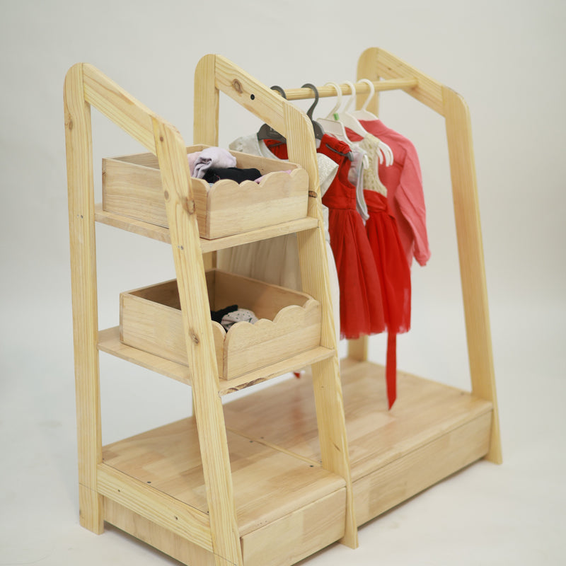Montessori Wooden Kids Wardrobe | Child-Sized Open Closet & Dress-Up Storage | Toddler Clothing Rack Organizer