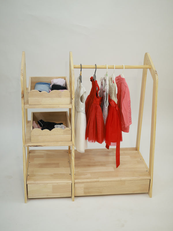 Montessori Wooden Kids Wardrobe | Child-Sized Open Closet & Dress-Up Storage | Toddler Clothing Rack Organizer