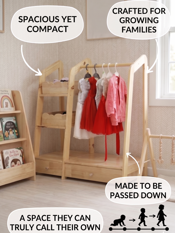 Montessori Wooden Kids Wardrobe | Child-Sized Open Closet & Dress-Up Storage | Toddler Clothing Rack Organizer