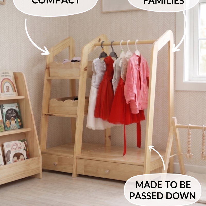 Montessori Wooden Kids Wardrobe | Child-Sized Open Closet & Dress-Up Storage | Toddler Clothing Rack Organizer