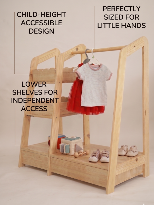 Montessori Wooden Kids Wardrobe | Child-Sized Open Closet & Dress-Up Storage | Toddler Clothing Rack Organizer