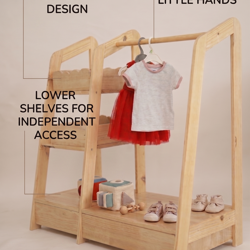 Montessori Wooden Kids Wardrobe | Child-Sized Open Closet & Dress-Up Storage | Toddler Clothing Rack Organizer
